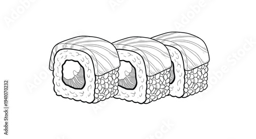 Detailed black and white line drawing of three pieces of uramaki sushi rolls with visible rice, fish, and seaweed filling on white background.