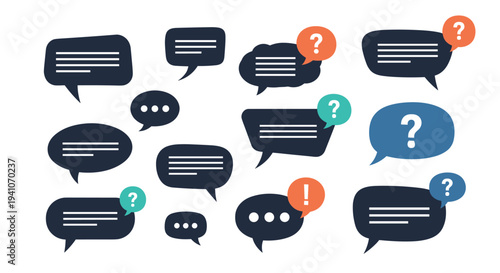 Large group of diverse chat bubbles in dark blue and teal colors featuring question marks, exclamation points, and ellipses symbols.