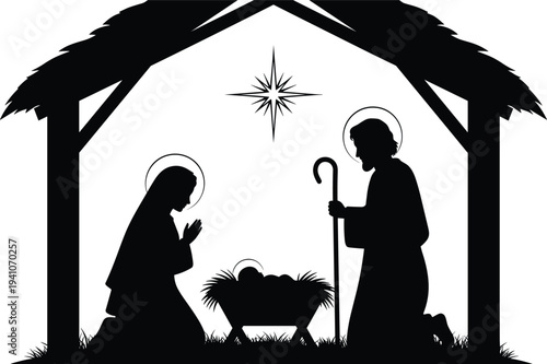 Nativity scene silhouette illustration, holy family under stable, baby Jesus in manger, star of Bethlehem shining, Christian Christmas religious artwork