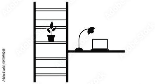 Minimalist workspace with a plant and laptop on a sleek shelf