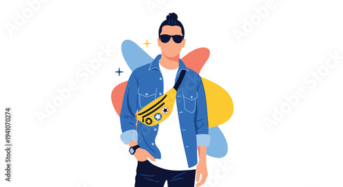 Cool young man wearing sunglasses, blue denim jacket, and yellow fanny pack standing against vibrant background of colorful abstract shapes.