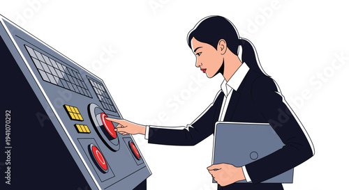 Side profile of professional woman in suit holding laptop and pressing large red button on complex control panel with many switches.