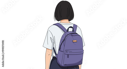 Simple illustration from back of young person with short black hair wearing white t-shirt and purple school backpack.