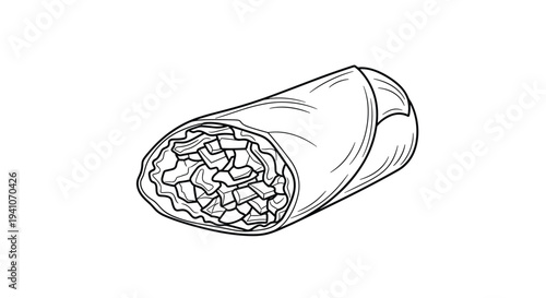 Detailed black and white line art sketch of delicious burrito wrap showing various ingredients and textures inside tortilla.