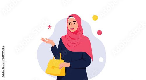 Friendly young Muslim woman wearing pink hijab and dark blue tunic smiling and holding up stylish yellow handbag against abstract background.