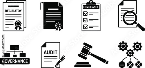 A collection of black and white icons represents essential legal and corporate governance concepts, including regulation, audit, and compliance checklists.