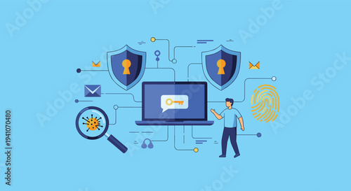 Complex digital illustration representing network security with laptop, shields, key, lock, fingerprint scan, and virus detection icons.