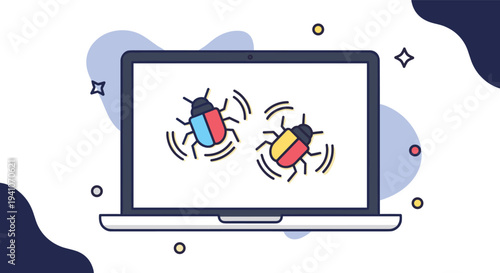 Colorful illustration of open laptop screen featuring two stylized beetle insects to represent computer software bugs and errors.