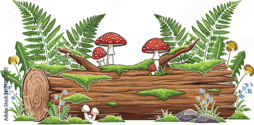 Natural forest scene vector with mossy fallen log red fly agaric mushrooms green ferns and wild flowers isolated on white background.