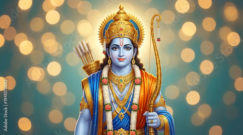Beautiful lord rama with golden crown and bow for rama puja and ram navami backdrop designs celebrating the spiritual and festive spirit of indian dussehra
