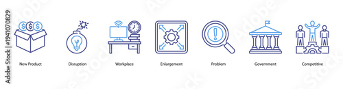 Business Development web banner vector illustration featuring New Product, Disruption, Workplace, Enlargement, Problem, Government, and Competitive.