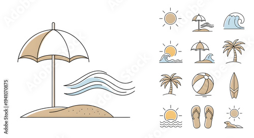 Wallpaper Mural Minimalist Summer Beach Vacation Line Art Icons Set with Umbrella, Waves, Palm Tree, Sun, and Surfboard. Travel and Holiday Elements. Torontodigital.ca
