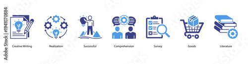 Creative Knowledge web banner vector illustration featuring Creative Writing, Realization, Successful, Comprehension, Survey, Goods, and Literature.