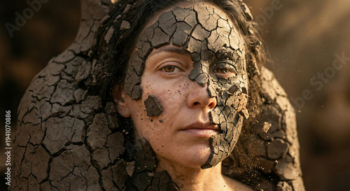 Woman with dry cracked earth peeling off her face