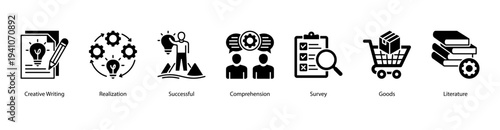 Creative Knowledge web banner vector illustration featuring Creative Writing, Realization, Successful, Comprehension, Survey, Goods, and Literature.