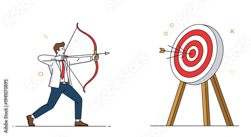 Goal-oriented businessman in white suit using bow and arrow to shoot at red and white circular target placed on wooden stand.