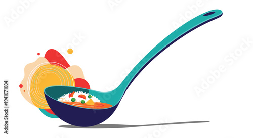 Ladle of delicious vegetable soup with rice and peas held over a steaming bowl against a colorful abstract background.
