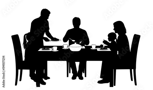 Family dinner silhouette vector home lifestyle scene with parents serving meal isolated on white background