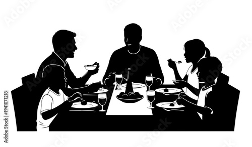 Family dining silhouette vector home scene with parents and children enjoying meal together isolated on white background