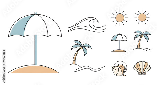 Wallpaper Mural Flat Line Art Summer Beach Icons Set. Tropical Vacation Elements with Pastel Colors: Sun, Umbrella, Palm Trees, Waves, Seashell. Torontodigital.ca