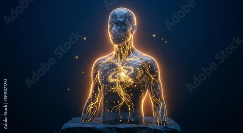 Stone bust of a man with glowing inner light and veins