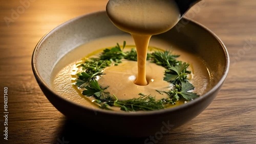 Creamy Soup with Herbs and Spoon.