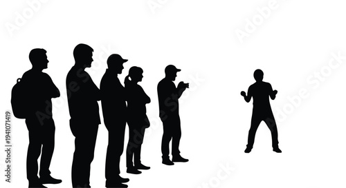 Diverse group of people observing a solitary figure in silhouette