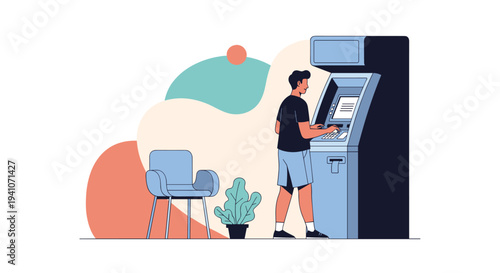 Man using an automated teller machine for a financial transaction in a clean and modern indoor office environment.