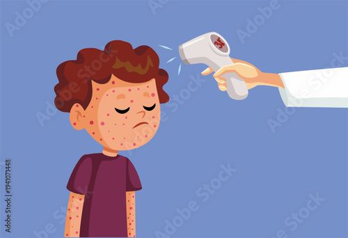 Sick Child with Fever and Skin Rash Being Checked with Digital Thermometer. Pediatrician checking temperature of boy with viral skin rash