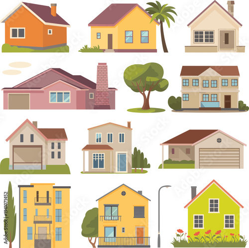 Flat minimalist house collection, suburban residential home exteriors vector illustration set isolated on white background architecture design