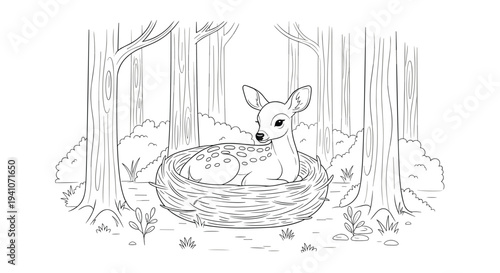 Beautiful line art illustration of a young deer curled up and resting inside a large birds nest deep in the forest.