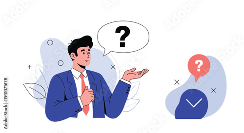 Confused businessman in a blue suit looking at a large floating question mark in a speech bubble representing a problem.