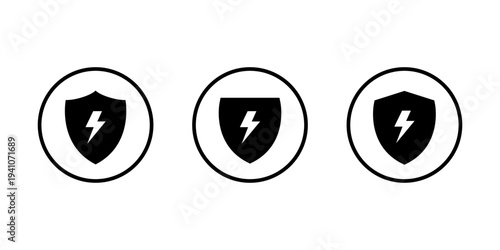 Shield lightning bolt icon set. Energy protection symbol in circular outline
