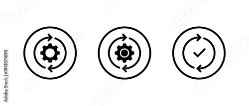 Sync process icon set in circular outline. System update symbol. Workflow automation sign