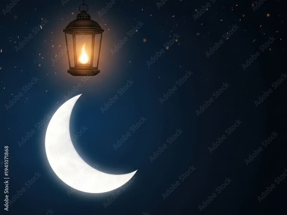 Naklejka premium Glowing lantern and crescent moon in a starry night sky