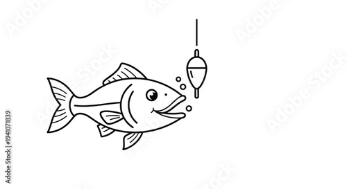 Black and white line drawing of a happy fish swimming in the water towards a floating fishing bobber on a line.