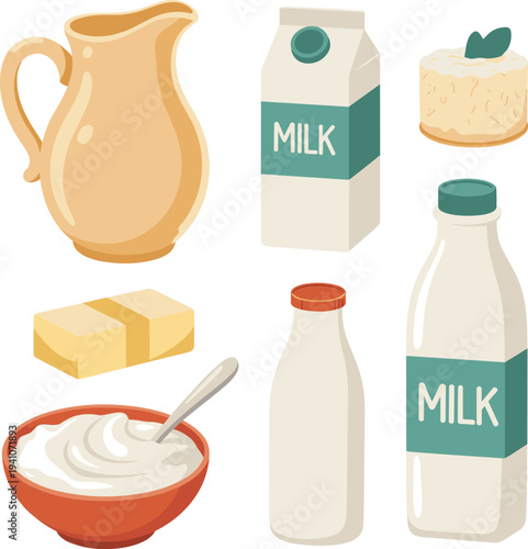 Flat vector dairy product set, milk carton bottle jar butter cheese yogurt bowl pitcher isolated illustration on white background