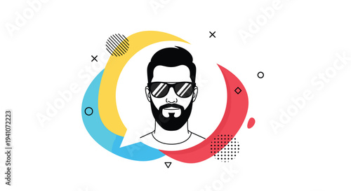Illustration of a bearded man wearing sunglasses framed by a speech bubble and colorful abstract liquid shapes.
