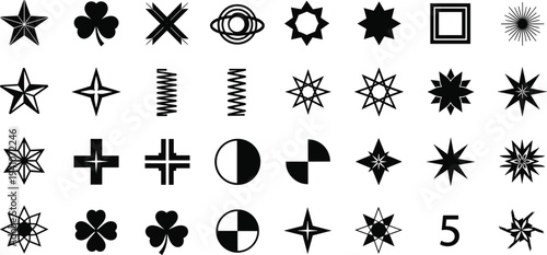 Set of black minimalist vector icons featuring star shapes clover leaves cross symbols geometric circles and abstract linear flourishes for modern graphic design projects.Set of black minimalist vecto