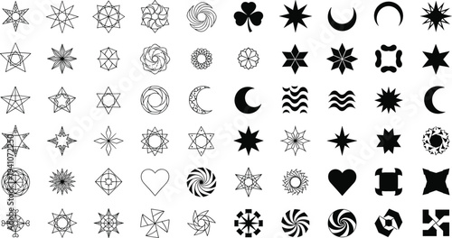 Large collection of black minimalist vector icons featuring crescent moons stars hearts clover leaves and intricate geometric celestial patterns for mystical design projects.Large collection of black 