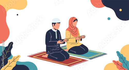 Muslim couple kneeling on prayer mats in a peaceful moment of worship against a colorful abstract artistic background.