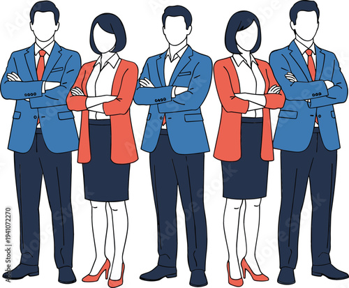 Professional business team of men and women in formal suits standing with arms crossed for corporate leadership and teamwork concept vector illustration.