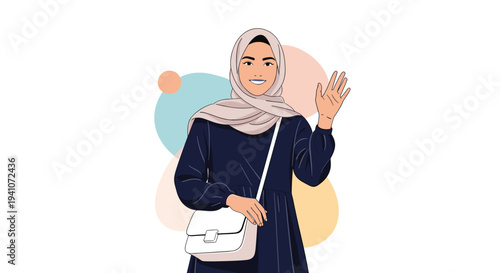 Friendly woman in a hijab and navy blue dress waving her hand against a soft pastel circular abstract background.
