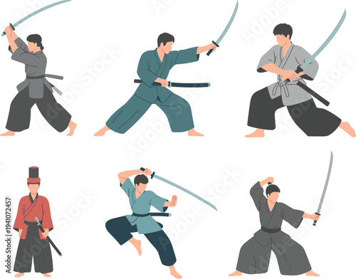 Japanese sword martial arts, Kenjutsu training, Kendo practice stances, samurai discipline, katana techniques, traditional combat, cultural heritage, warrior illustration