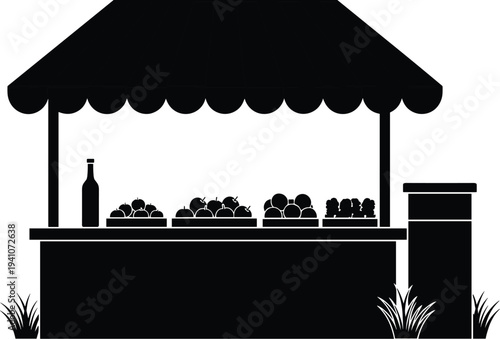 Marketplace vendor stall silhouette, farmer’s market booth, street commerce illustration, outdoor shopping scene, traditional trade design, community commerce art