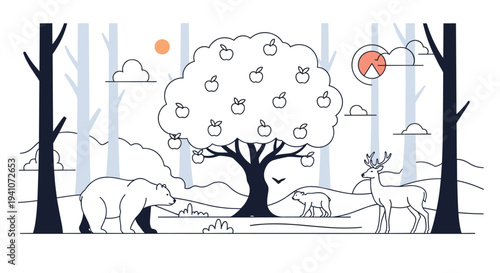 Panoramic line art illustration of a wild forest scene with animals, an apple tree, and a sunset in the background.
