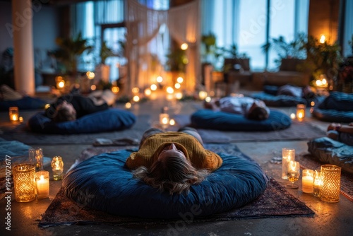People resting on floor cushions in dimly lit room with candles