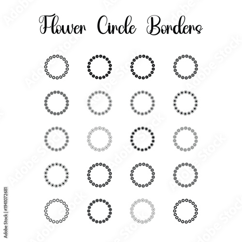 Flower Circle Border Frame Set, Daisy Floral Wreath Ring Clipart, Outline Solid Glyph Style, Monogram Wedding Round Flower Frame, Vector Illustration
