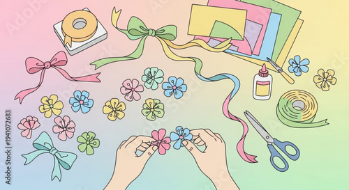 Hands crafting colorful paper flowers with ribbons scissors and glue on a pastel background
