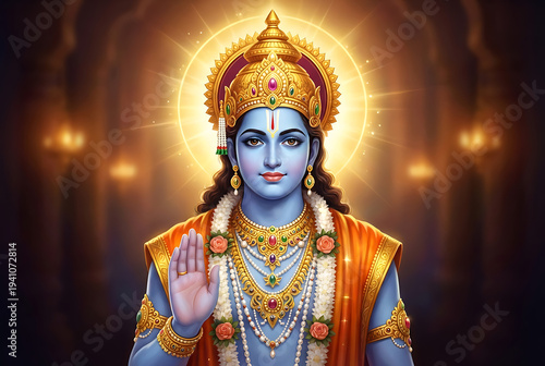 Lord rama close up portrait for rama puja and ram navami also dussehra showcasing blue skin divine halo and blessing hand gesture inside a temple